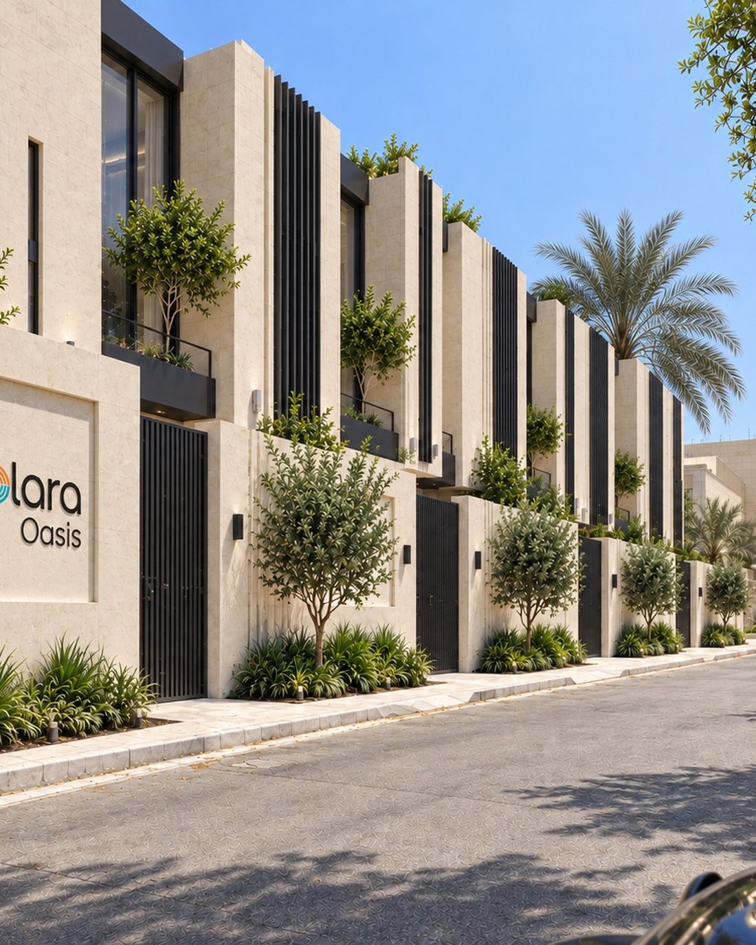 An ordered residential street by day, landscaped setbacks and rhythmic facades
