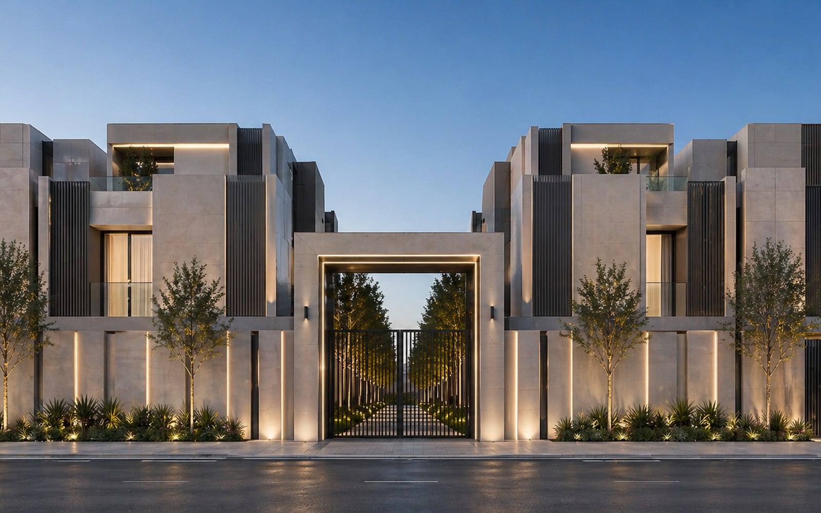 A TAR Arabia residential elevation in warm limestone, seen frontally at dusk