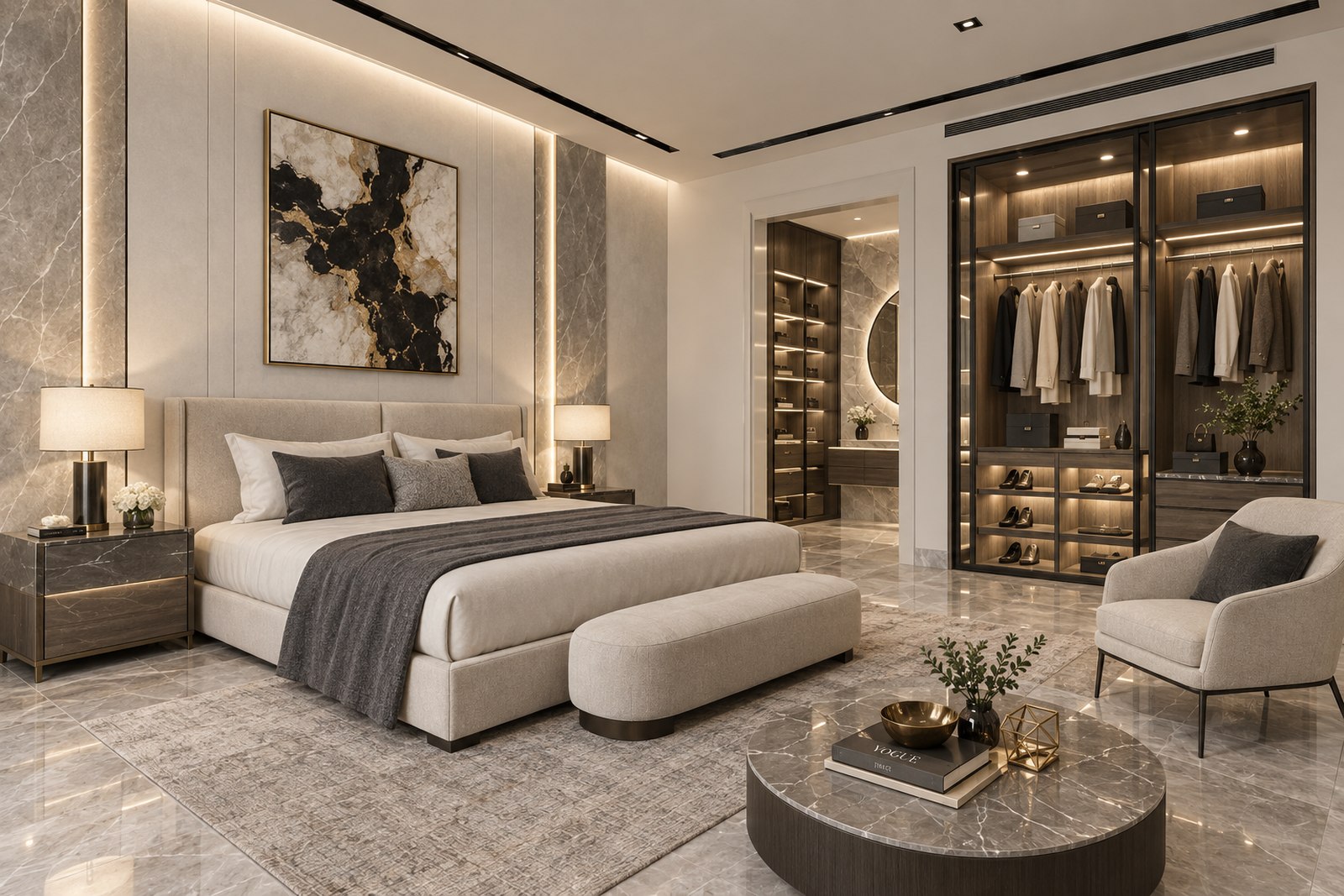 A refined residential interior — stone, warm timber and considered detail