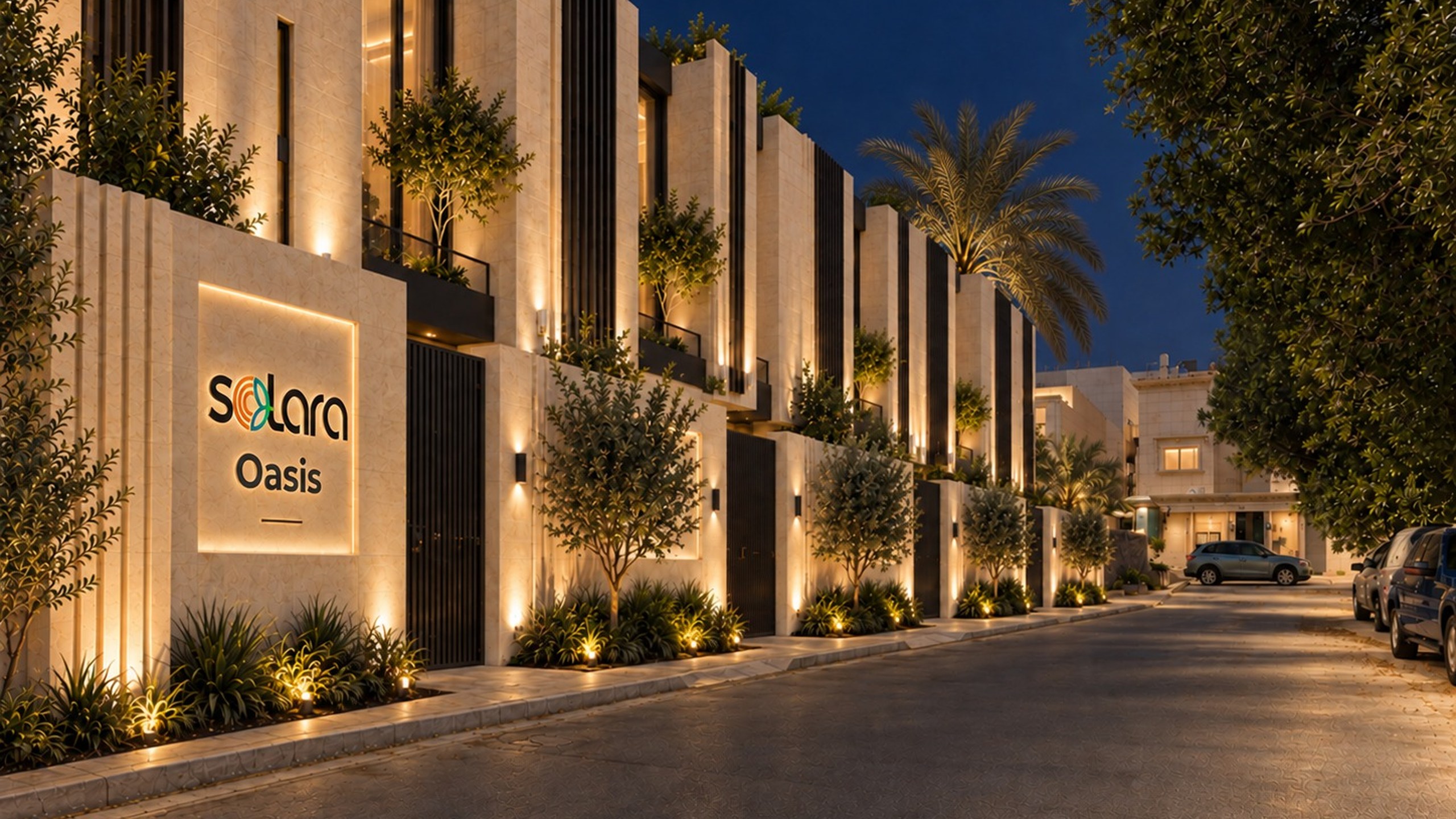 Solara Oasis at dusk — an illuminated limestone residential colonnade along a private street