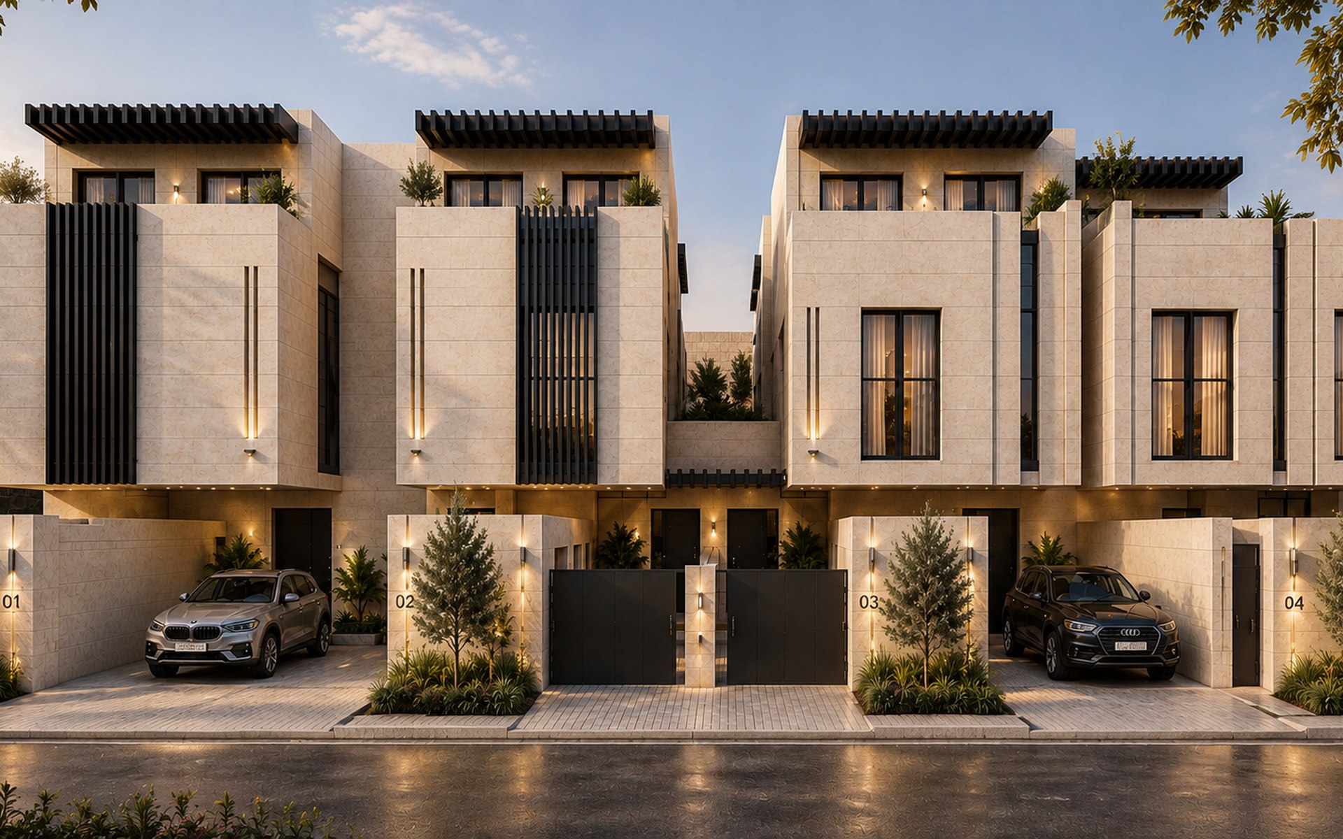 Solara Oasis — warm-lit limestone residential frontage at dusk, private forecourts and unit entrances