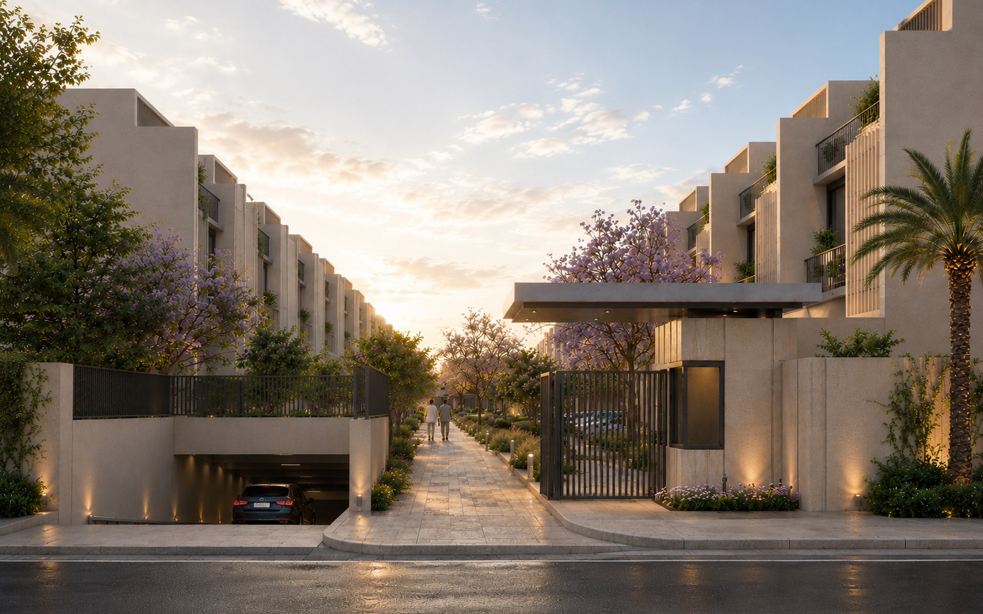 Thuraya Living — a landscaped residential promenade at sunset with jacaranda trees and a glowing walking axis