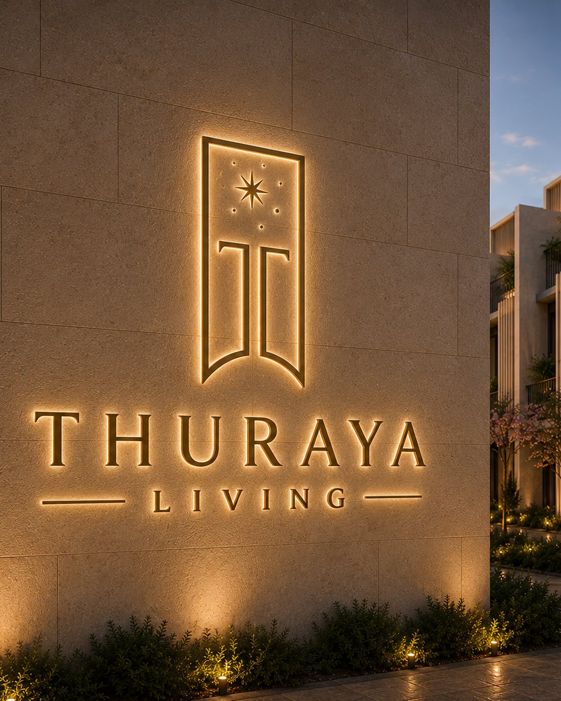 Thuraya Living — the illuminated THURAYA monument wall against a stone facade at dusk